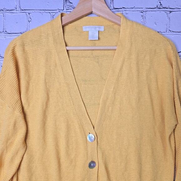 Christian Siriano Linen Blend Butter Yellow Button V-Neck Cardigan Size Medium - Picture 3 of 11